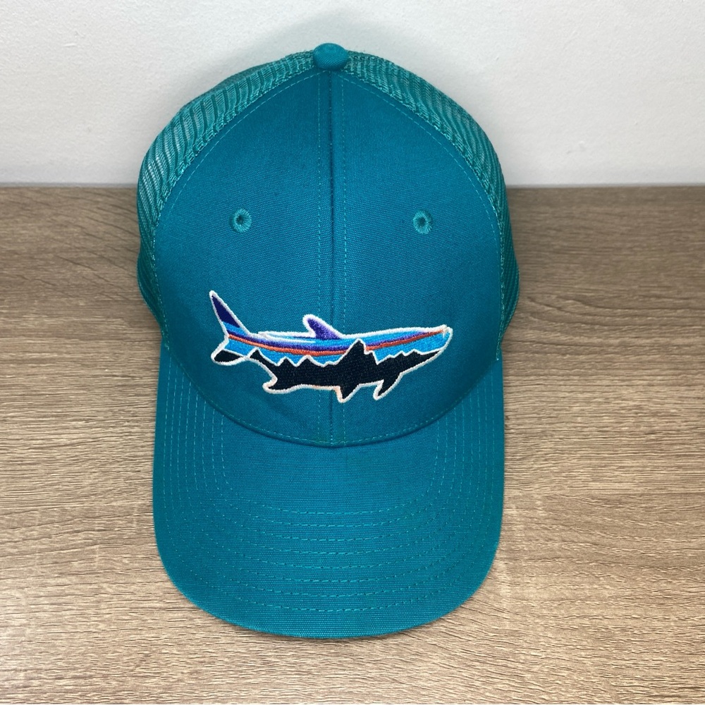 Patagonia Fitz Roy Trout Logo Trucker Hat Mens Snapback Mesh Cap Teal Adjustable - Picture 2 of 16